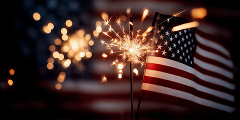 Sparkler burning next to american flag on fourth of july