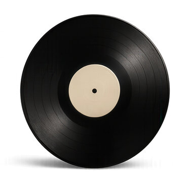 Black vinyl record with blank label on transparent background