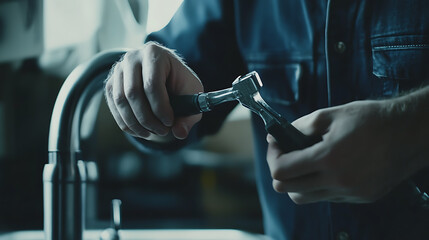 Plumber fixing a kitchen faucet with a wrench. Featuring focus and skill