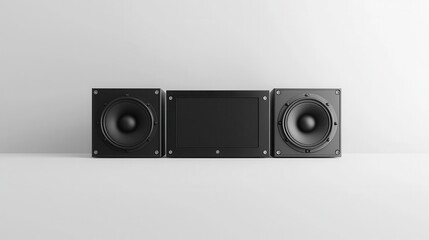 Obraz premium Black subwoofers with square speaker faces on a white background