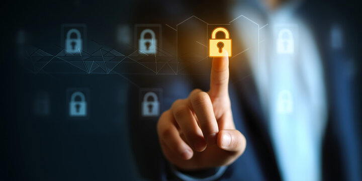 Businessman protecting data by activating security network with digital padlock - Powered by Adobe