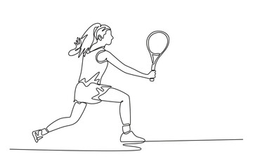 Single continuous line drawing woman tennis player practice backhand on outdoor field. Workout, exercise or match, game and competition. Healthy sport. One line draw graphic design vector illustration