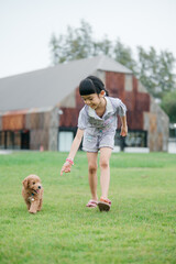 Playful girl and puppy in a green field outdoor fun nature scene joyful moment
