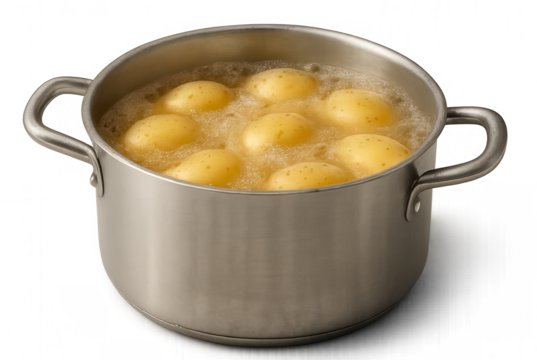 Potatoes boiling in a metal pot with transparent background