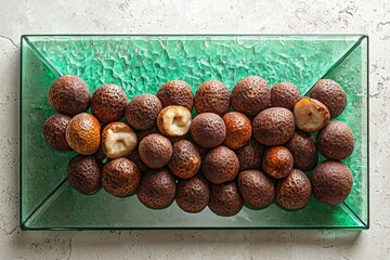 Top view of fresh aguaje fruits on green glass plate  vibrant amazonian artistry