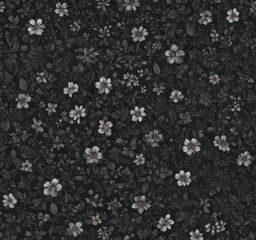 Intricate charcoal micro-floral wallpaper; tiny flowers & leaves repeat seamlessly, charcoal, art