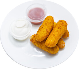 cheese sticks on a plate with sauces
