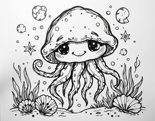 Whimsical coloring sketch of a smiling jellyfish, in a bubbly marine style, black and white, featuring seashells and coral reefs, playful outlines, fun design for all ages