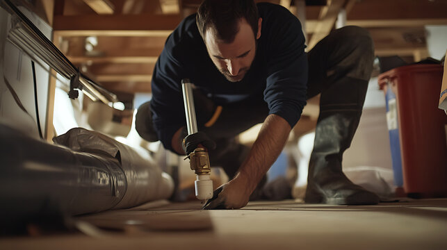 Plumber fixing burst pipe in crawl space. Featuring problem-solving and precision