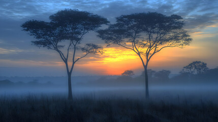 Pixel Art Sunrise Over Misty Field With Two Silhouette Trees