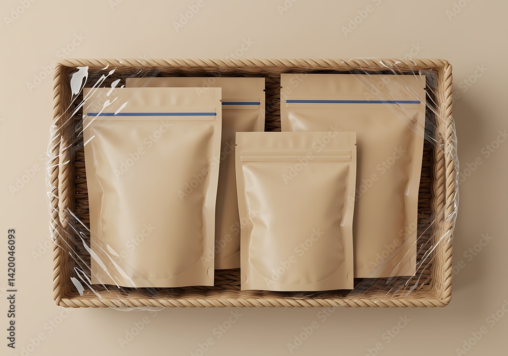 Poster presentation of reusable pouch mockup in natural wicker basket for design display