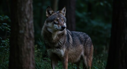 Obraz premium Majestic Wolf at Dusk in the Forest - A lone wolf, eyes glowing, stands alert in a dark forest at twilight. Symbolizing wilderness, solitude, primal instinct, mystery, and wild beauty