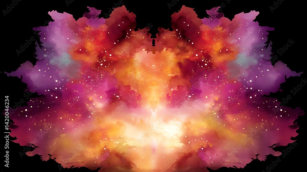 Poster cosmic burst of light and colors abstract rorschach design in inkblot style universe visual represen