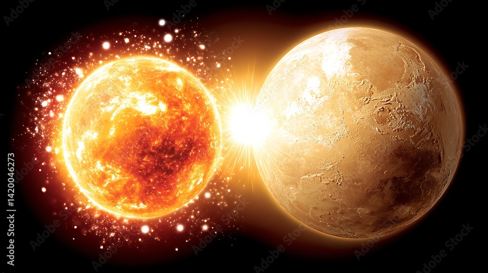 Poster cosmic collision a celestial encounter of solar flare eruption from star surface and distant planet.