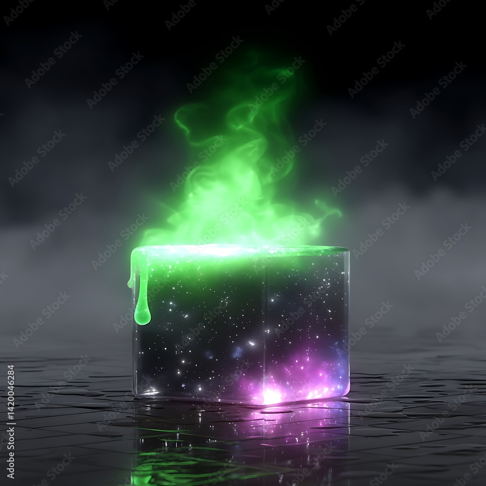 Poster cosmic cube with spectral emanations fantasy render of a glowing spatial artefact on a wet surface