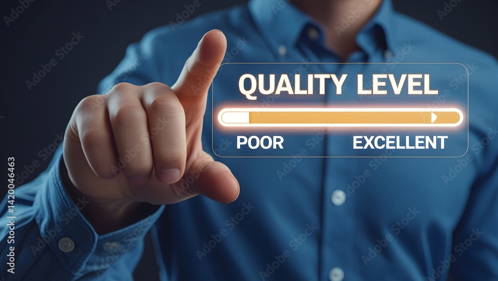 Poster concept of adjusting quality level from poor to excellent. a businessman adjusts a virtual quality l