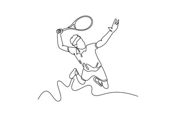 Single one line drawing top view professional tennis player jumping and hitting tennis ball with power. Workout and exercise or match, game competition. Continuous line draw design vector illustration