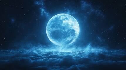 Glowing blue orb hovers above clouds in a dark starry sky.