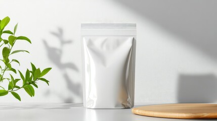 Clean white foil pouch template on neutral gray, front-facing view