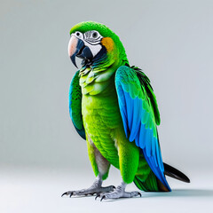 A vibrant parrot standing tall with a colorful plumage and sharp beak on white background