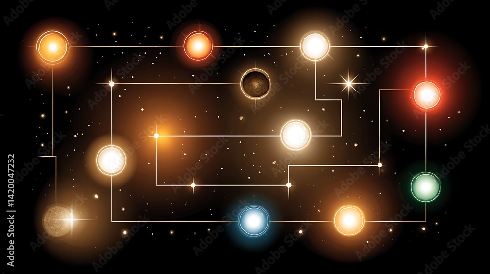 Poster cosmic network of luminous celestial orbs and interstellar pathways in a universe of wonder