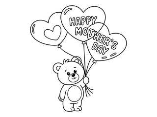 Cute Cartoon Teddy Bear Holding Heart-Shaped Balloons Happy Mother's Day Text Black and White Line Drawing Simple Clean Style Adorable Character Greeting Card Design