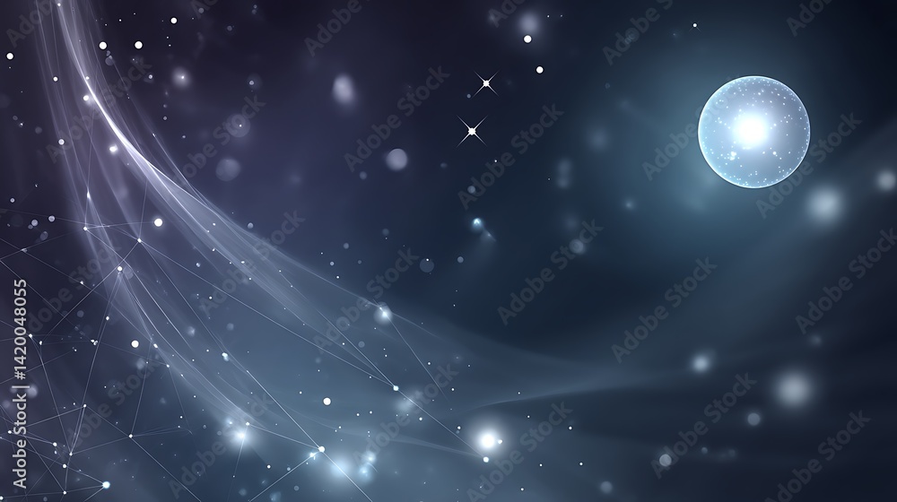 Poster cosmic web network shining sphere and interconnected data points in dark universe backdrop.