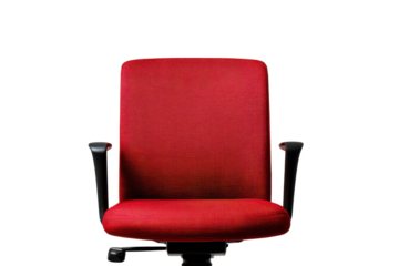 Red Throne: A Comfortable Office Chair Beckons, Promising Support and Style for Hours of Productive Work in a Modern Workspace Environment.