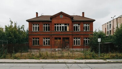 Abandoned brick house, overgrown yard