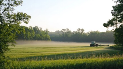 Fototapeta premium Tractor spraying soybean farm in daylight