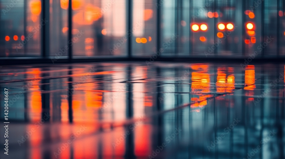 Poster beautiful indoor image displaying reflections on a wet glossy floor