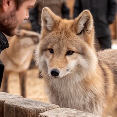Fototapeta premium Coyote Stares Intently at Man Over Wooden Fence in Captivating Outdoor Encounter Observation.