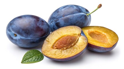 Fototapeta premium Delicious plums, whole and halved, display their vibrant colors and textures on white.