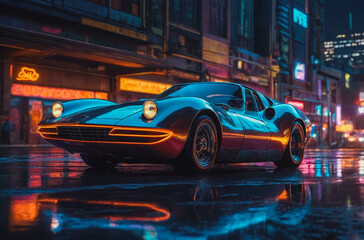 Obraz premium Vintage Sports Car in Neon-Lit City