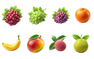A fresh, ripe set of red and green fruits, including apple, strawberry, orange, pear, grape, banana, peach, and mango, isolated on a white background, forms a healthy food collection