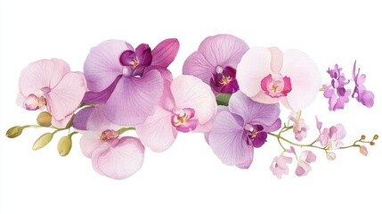 Soft watercolor strokes forming a bouquet of purple and pink orchids, elegant and serene floral artwork