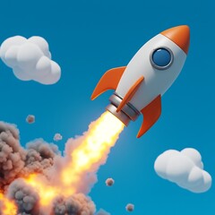 Cartoon Rocket Flies in Blue Sky