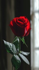 A vibrant red rose with lush green leaves, dramatically lit against a dark, textured background. Elegant and captivating floral portrait