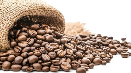 Fototapeta premium Fresh Coffee Beans Spilling Out of a Burlap Sack on White Background
