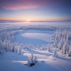 sunrise in the mountains, sunrise over the river, winter landscape with snow and trees