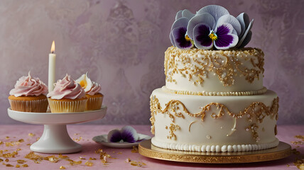 A joyful birthday background with a 3 tier birthday cake, adorned with a cake topper of Happy 50th and delicately crafted frosting decorations. A vibrant and delectable confection, showcasing