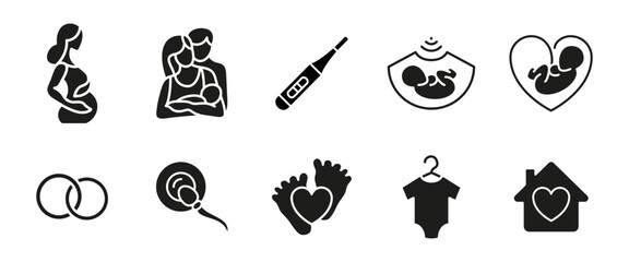 Pregnancy and baby icon. Black symbols of parenthood, conception and infant care. Family planning and fertility illustration. Glyph signs for parenting, maternity services and childcare designs.