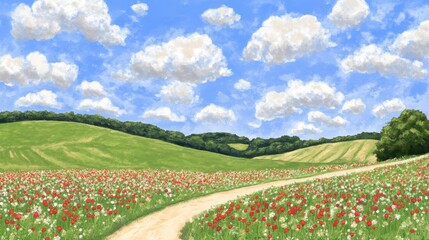 Poppy path A vibrant meadow trail under a sky full of fluffy clouds