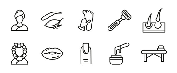 Fototapeta premium Beauty salon icon. Skincare and wellness outline vector illustration with spa treatments, hair styling, waxing and massage line symbols. Self-care and cosmetic procedures pictogram for beauty.