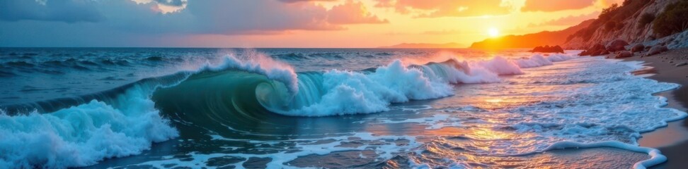 Fototapeta premium Ocean waves crashing against a blue riverbank at sunset, with a peaceful ocean wave layer background , calm, horizon