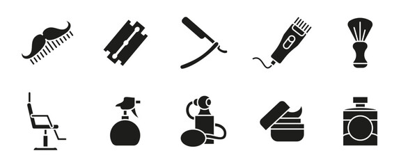 Barber grooming icon. Haircut and shaving tool black vector illustration with beard trimmer, razor and mustache comb. Barbershop essentials glyph pictograms for men's salon and personal care.