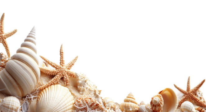 Collecting seashells and starfish at the beach oceanfront nature isolated on transparent background