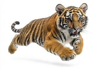 Fototapeta premium In a stunning display of speed, a powerful tiger, a wild black and white beast, leaps through the air in a wildlife nature image