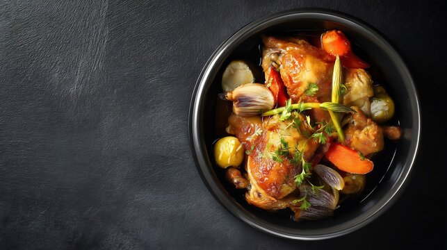 Spanish dinner meal codornices en escabeche marinated quail vegetables in vinegar sauce elegant regional cuisine served in black ceramic bowl top down view with dark background