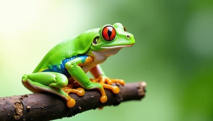 Naklejka premium Green tree frog perched on white, vibrant skin details, closeup, detail